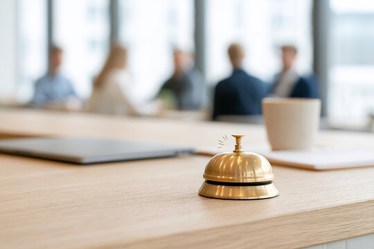 Golden service bell on wooden reception desk with blurred people in office - business hospitality