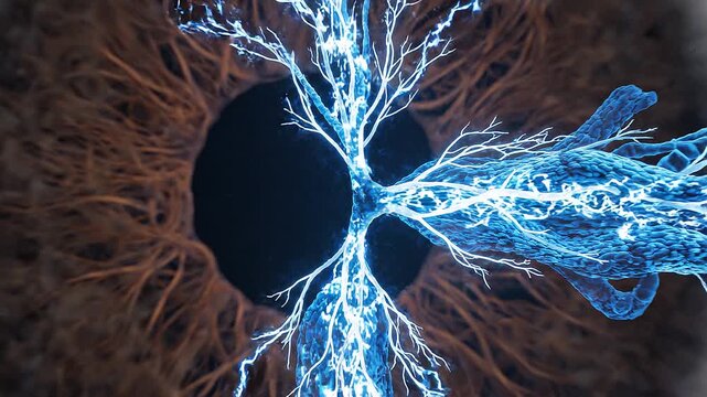 Cinematic 3D medical animation of a green laser scanning a human eye and activating glowing blue neural pathways