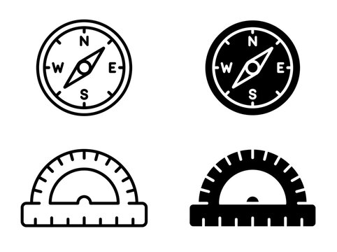 Navigation compass and semicircular protractor scale vector set