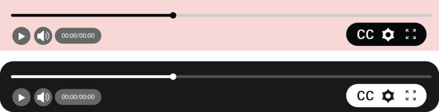Media video player UI bar vector collection with play button, &nbsp;subtitle option, and full screen icon UI elements, timeline progress slider, volume control, and closed caption settings