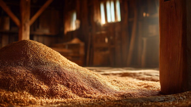 Pile of golden wheat grain inside a rustic wooden agricultural storage building, illuminated by warm natural light, representing grain storage, harvest, traditional farming, agriculture, and food prod