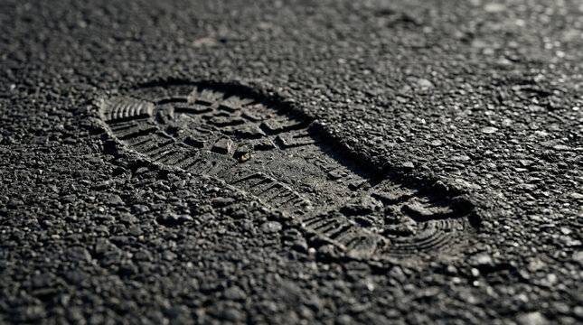Single boot tread footprint imprinted on dark asphalt pavement. Investigation and journey concept