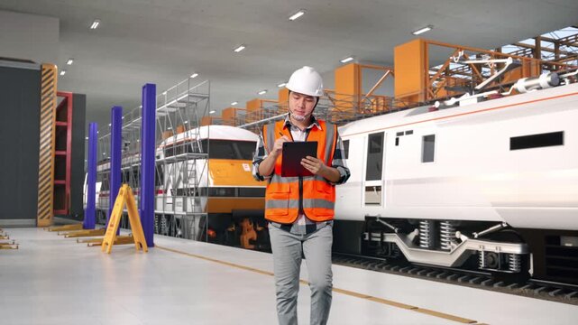 Front View of Asian Male Engineer Taking Note on Tablet While Walking at Train Locomotives Maintenance Depot Scaffolding