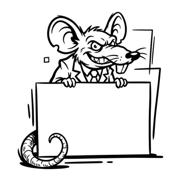 Cartoon evil businessman rat holding blank sign.