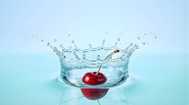 Fresh red cherry falling into water with crown splash against blue background