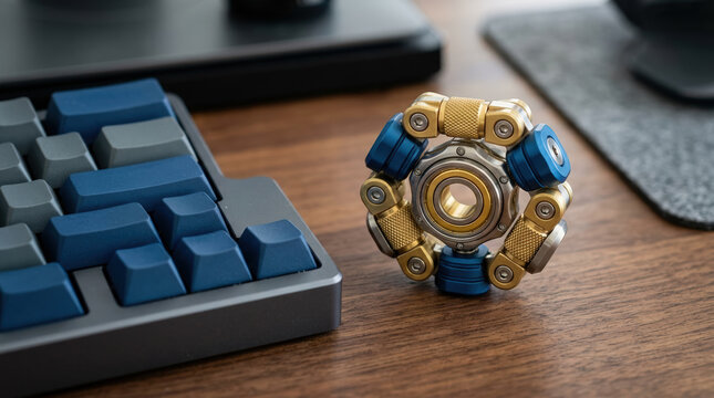 Metal mechanical fidget spinner toy beside custom keyboard on wooden desk. Anti stress edc gadget for focus