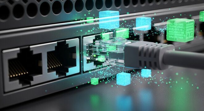 Ethernet cable connected to a network switch with digital data packets flowing, illustrating network connectivity and data transfer.