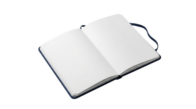 Minimalist open notebook with blank white pages, navy blue hardcover journal mockup, clean stationery for writing and sketching