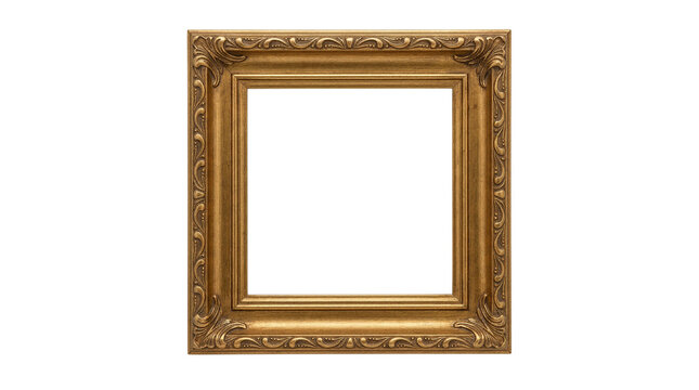 Vintage gold picture frame with ornate carvings, antique gilded wooden frame on white background, elegant square border for art