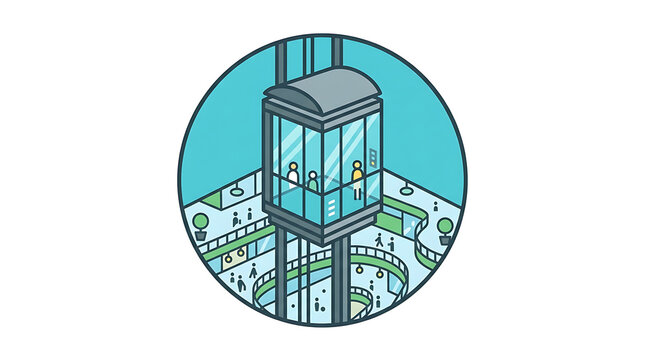 A modern glass elevator ascends within a bustling shopping mall, showcasing vertical transport and commercial activity