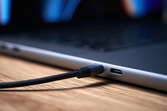 Close-up of a USB-C cable connecting to a modern laptop's port