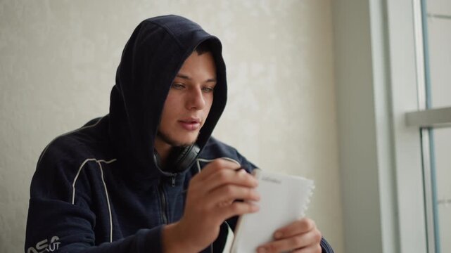 Close up of young man writing in notebook while wearing dark blue hoodie and headphones indoors with soft lighting. Man holds pen over open spiral bound notepad focused on task. Background