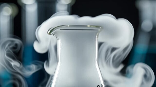 Thick white vapor flows and swirls out of a glass conical flask against a dark background, creating a cinematic science effect for educational or medical footage.