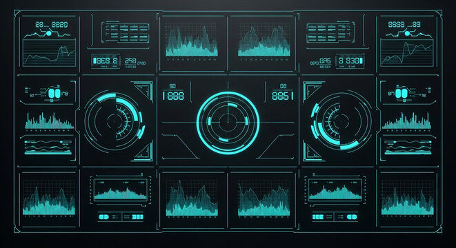 Futuristic blue-green HUD interface with data visualizations and digital readouts on a dark background, showcasing advanced technology and cybernetics.