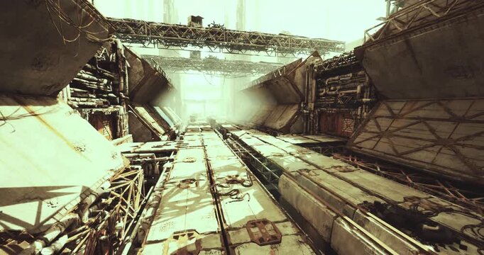 dim underpass with heavy pipes and overhead rigs, salvage crew vibe with grease stains, chained hoists, scattered crates and industrial grit creating tense work
