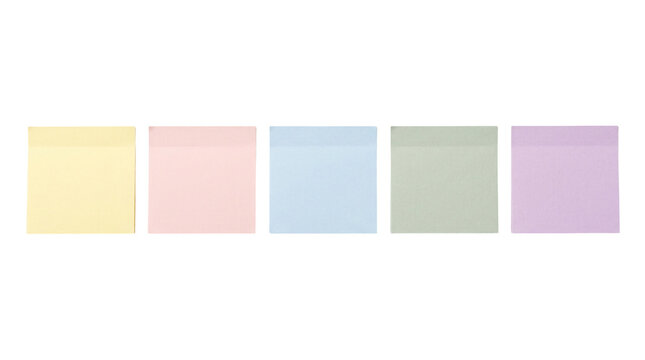 Pastel sticky notes in a row, colorful adhesive memo pads on white background, set of five blank paper reminders for office organization
