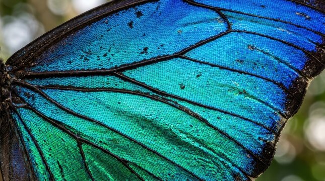 Macro Close-up of Iridescent Blue and Green Butterfly Wing with Detailed Scales and Black Veins