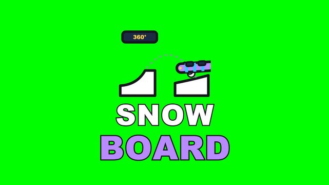 4K green screen SNOWBOARD animated text - the board spinning through its grab off the lip, kinetic typography winter sports overlay for ski edits and social media, chroma key