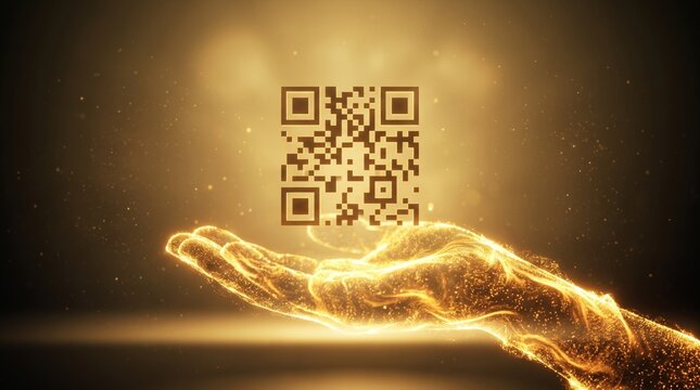 Digital QR code floating above a golden glowing hand