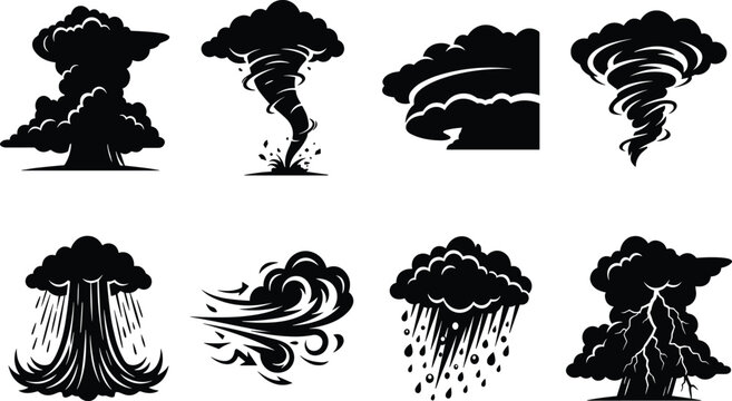 Weather Icons Set Black Silhouette Nuclear Explosion Tornado Storm Rain Lightning Wind Vector