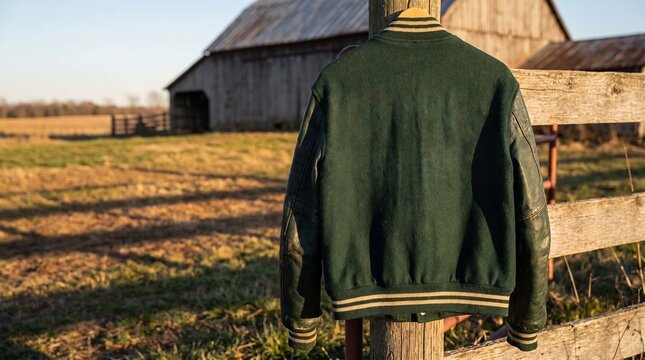 Dark Green Varsity Jacket with Black Leather Sleeves and Gold and White Stripes Hanging on Wooden Fence Post beside Rustic Barn
