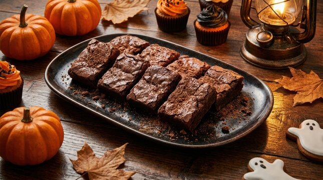 Delicious chocolate brownies served on a dark plate for halloween celebration