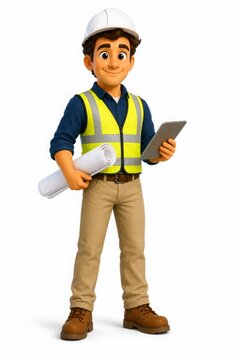 Construction Engineer With Blueprints And Tablet