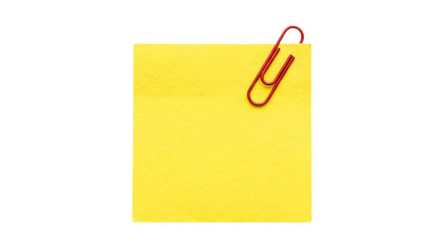 Yellow sticky paper note attached with red paperclip isolated on transparent background for creative planning.