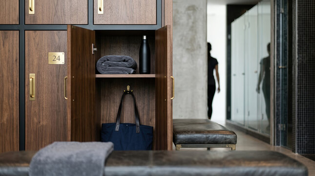 Open wooden locker with gym bag and water bottle in modern fitness dressing room. Luxury wellness club interior