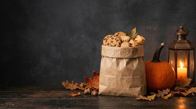 Paper bag filled with freshly baked cookies next to a glowing lantern