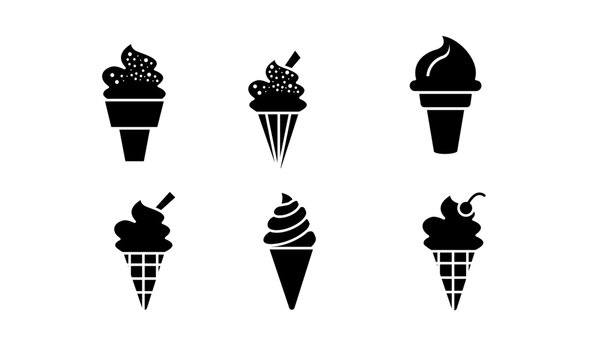 A grid of six solid black silhouette icons showcases diverse styles of ice cream cones, each presented against a stark white backdrop for clear visual distinction.