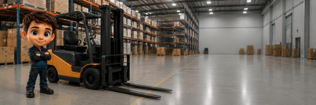 Warehouse Worker and Forklift Inside Warehouse