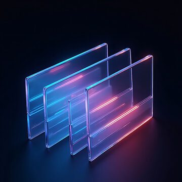 Three overlapping clear glass rectangles with soft pink and blue neon lighting create a modern abstract background.