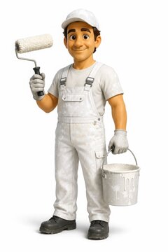 Painter Mascot With Paint Roller And Bucket