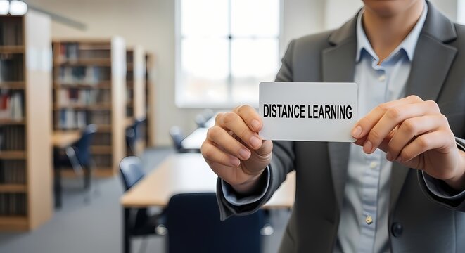 Academic professional presenting distance learning message in library with bright natural light for educational software marketing