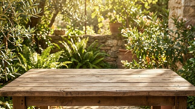 Empty rustic wooden table with sunny natural background for product placement representing marketing and display concept empty wooden table with sunny background - product placement marketing empty