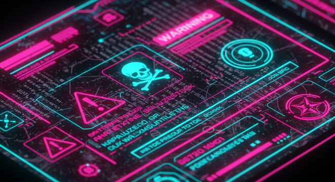 Futuristic neon digital interface displaying cybersecurity warnings, skull and crossbones, and abstract data elements in vibrant pink and blue hues.