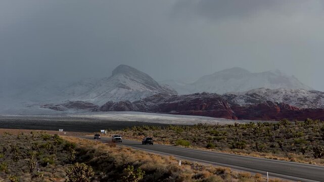 Aerial Desert Highway Red Rock Mountains Winter Nevada Flyover