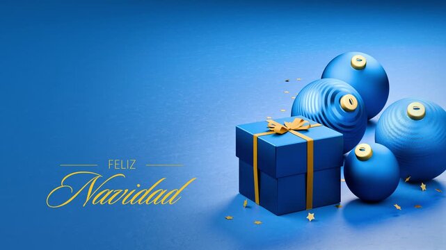 Christmas present box and christmas baubles in blue on blue background. Star confetti falling down. Spanish language Merry Christmas message (Feliz Navidad) appearing and dissolving.