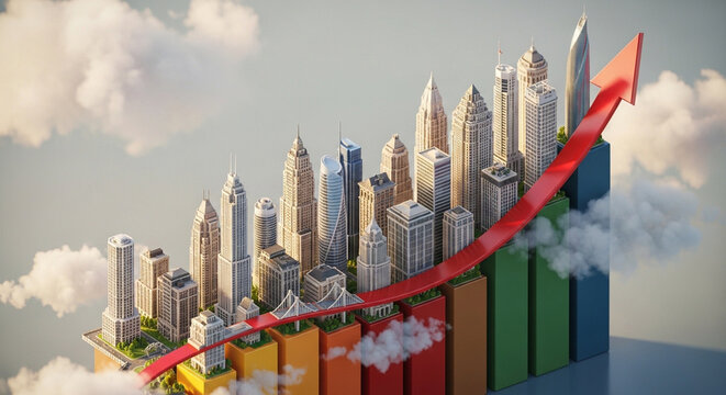 A vibrant cityscape of skyscrapers emerging from a colorful bar chart, with a large red arrow symbolizing economic growth and urban development against a cloudy sky.
