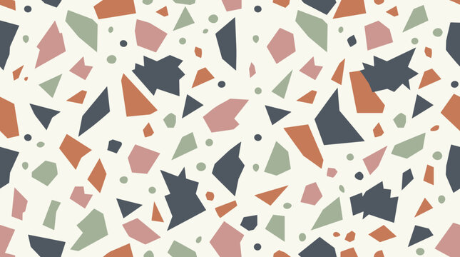 Seamless vector pattern with abstract terrazzo shapes in muted tones for surface design