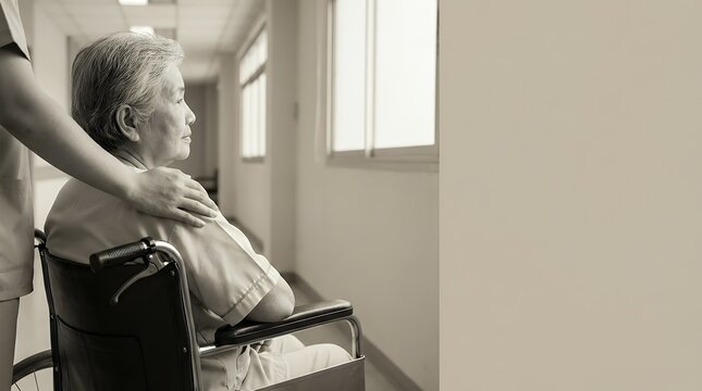 Compassionate moment of support with hand on shoulder of elderly person in wheelchair representing trust and care in healthcare setting support shoulder and hand with old in wheelchair for