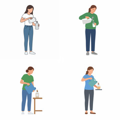 Obraz premium Set of illustrations featuring women refilling reusable pump bottles from large bulk containers to promote a zero waste sustainable lifestyle