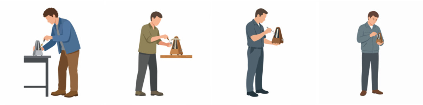 Collection of flat vector illustrations depicting men repairing and calibrating mechanical metronomes on white background