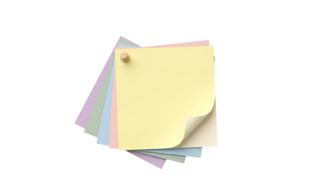 Pastel sticky notes with wooden push pin, colorful paper memo pads on white background, office supplies for reminders and organization