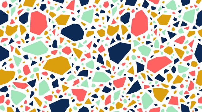 Bright terrazzo pattern with vibrant colorful geometric stone shapes on white background