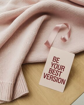 Motivational card with text be your best version resting on soft pink knit fabric and wooden surface