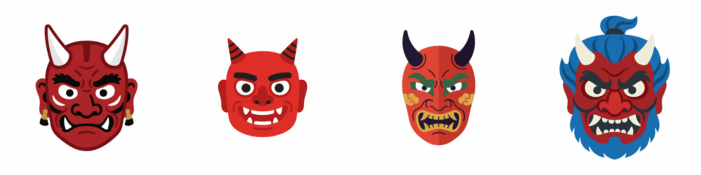 Set of traditional Japanese Oni demon masks, vector illustration of red devil faces from folklore