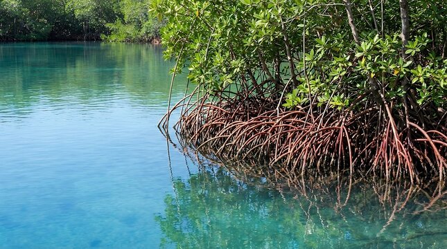 A serene horizontal shot of a stunning red mangrove landscape thriving within a crystal-clear Mexican cenote capturing the unique beauty of this freshwater ecosystem serene horizontal red mangrove