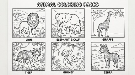 Obraz premium Cute Safari and Forest Animals Line Art Sketches for Kids Educational Coloring Book Page